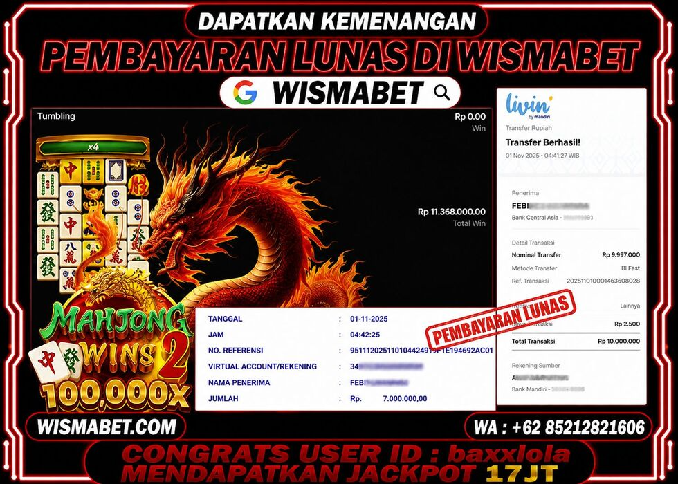 Wismabet - BUKTI KEMENANGAN Mahjong Wins 2 Rp17,000,000,- LUNAS